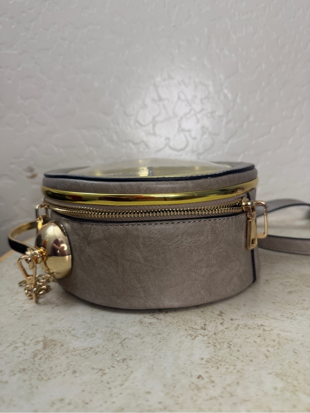 Round Clock-Face Crossbody Bag in Taupe - Picture 5 of 9